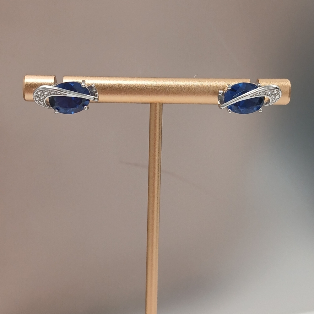NEW! 18k White Gold Filled Blue Oval AAA CZ Stud Back Planet Earrings By Goldoro